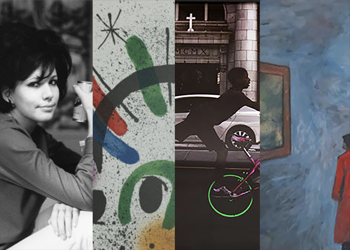 Collage of four pieces of artwork from Drexel Founding Collection: photo of woman, abstract design, boy on a bicycle, painting of museum exhibition